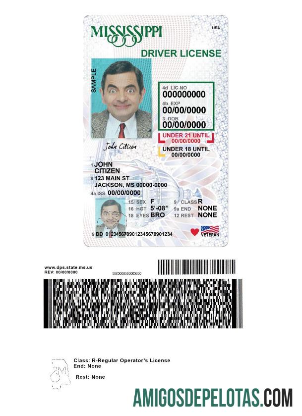 Carteira de motorista do Mississippi nos EUA para menores de 21 anos modelo